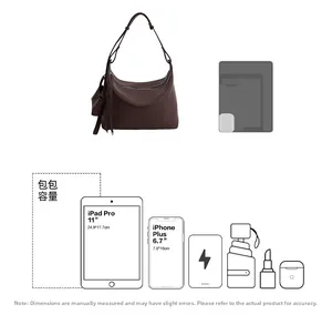 Detailed capacity guide for large brown tote showing 11-inch iPad and daily essentials