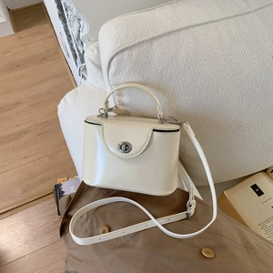 Dettaglio di una borsa beige a scatola con chiusura a scatto in argento