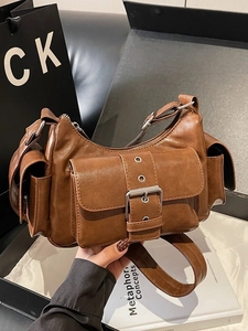 Women Retro PU Leather Crossbody Bag Large Capacity Fashion Commuter Biker Shoulder Bag Multi Pocket Solid Color Hobo Bag
