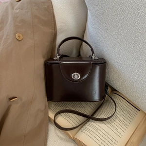 Dettaglio di una borsa a scatola marrone scuro vintage con chiusura a rotazione argento