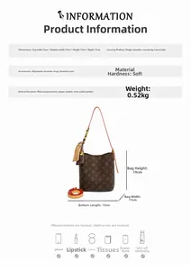Spécifications détaillées de taille pour un sac seau marron à motifs et bandoulière rouge