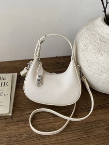 Damen PU Leder Sichel Schultertasche Lychee Textur Achsel Hobo Tasche Mit Verstellbarem Gurt Silber Hardware Einfarbig
