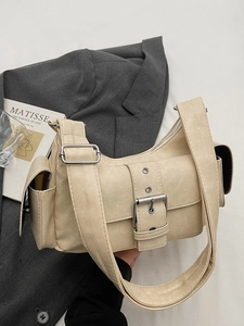 Retro cream faux leather motorcycle shoulder bag with metal buckle and wide strap style