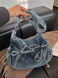 Retro Women Washed Denim Crossbody Bag Casual Bucket Bag With Bowknot Pleated Drawstring Shoulder Bag Lightweight Fashion Handbag