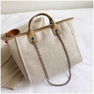 Detalle del bolso tote tejido beige con ribete de cuero marrón y correa de cadena de metal
