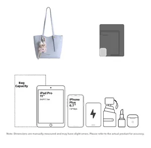 Capacity diagram of large blue tote bag with size comparison to iPad and iPhone