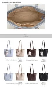 Detail view of large tote bag interior and multiple color options in textured PU leather