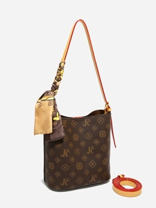 Sac seau marron à monogramme avec imprimés floraux et détail de foulard en soie