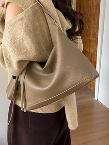 Large taupe vintage soft leather tote bag with matching mini pouch and side bow detailing