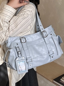 Vintage light blue large capacity tote bag with leather texture and decorative strap detail