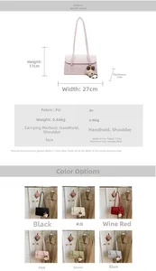 Detailed dimension guide and color options for large PU leather shoulder bag with bear charm