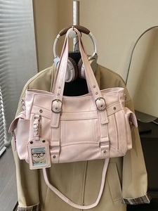 Pink vintage large capacity PU leather tote bag with double handles and long shoulder strap