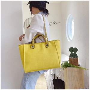 Detalle del bolso tote de color amarillo tejido con asas de cadena plateada en modelo