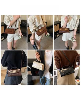 Collage of models wearing the crossbody square bag in brown, beige and black