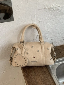 Retro PU Leather Star Studs Boston Handbag For Women Vintage Heart Charm Crossbody Shoulder Bag Urban Simple Pillow Satchel