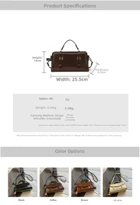 Detailed technical drawing of retro PU satchel with dimensions, weight and colors