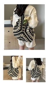 Détail du motif géométrique au crochet bohème et de la texture tissée du sac fourre-tout