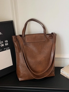 Sac Fourre-Tout Rétro en Cuir PU pour Femmes Grande Capacité Mode Minimaliste Sac à Épaule Verticale Sac à Main de Navette Urbaine