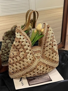 Sac Fourre-tout En Paille Tissé À La Main Pour Femmes Crochet Évidé Sac À Épaule Grande Capacité Sac De Plage D'été