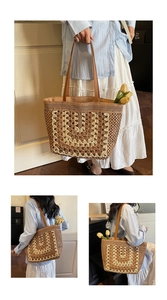 Detailed close-up of handmade straw tote bag with geometric patterns and leather straps