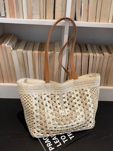 Women Straw Woven Tote Bag Large Capacity Crochet Floral Beach Shoulder Bag With PU Leather Handle Summer Vacation Handbag