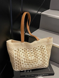Handwoven straw tote bag with brown leather straps and vintage hollow out crochet pattern