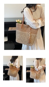 Detail of hollow woven beach tote bag with leather straps and wooden bead tassel