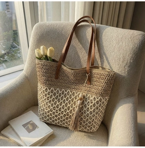 Detail of hollow-out weave pattern and tassel charm on two-tone straw tote bag