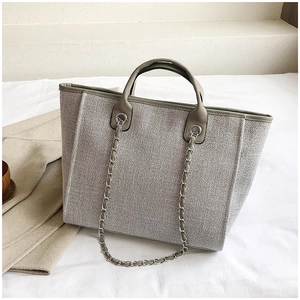 Detalle de bolso tote de lona texturizada con ribetes de cuero y correa de cadena
