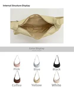 Detail view of crescent hobo bag interior with zipper and six color options display