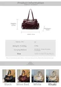 Detail view of large capacity faux leather tote with rivet studs and size specifications