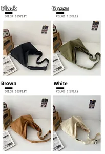 Detail showing washed canvas crossbody bags in black, green, brown, and white colors