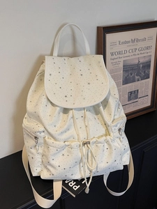 Minimalist cream backpack with silver stars, large capacity student rucksack for travel
