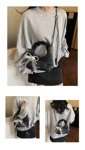 Three views of a black ruched handbag featuring white lace bows and elegant pearl chains