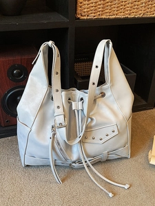 Vintage light blue PU leather tote bag with punk motorcycle jacket details and studs