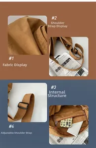 Detail view of brown washed canvas bag features including adjustable strap and inner pockets