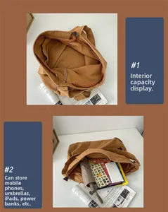Interior storage capacity of brown canvas tote bag showing space for iPad and essentials
