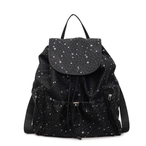 Petit sac à dos noir pour femme avec imprimé étoiles, rabat à cordon et poches latérales