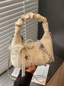 Women's Canvas Bow Pleated Handbag Elegant Artificial Pearl Lace Ribbon Chain Crossbody Hobo Bag Casual Shoulder Bag With Handle