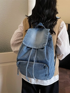 Sac à dos rétro en toile denim bleue de grande capacité avec fermeture à cordon
