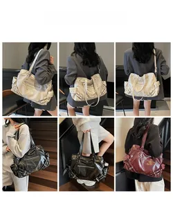 Detailed views of multi-color motorcycle style tote bags with stud accents and leather texture