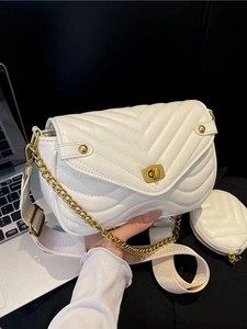 White quilted chain shoulder bag set with gold hardware and small round coin purse