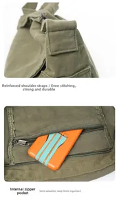 Detail of reinforced shoulder strap stitching and internal zip pocket on canvas bag
