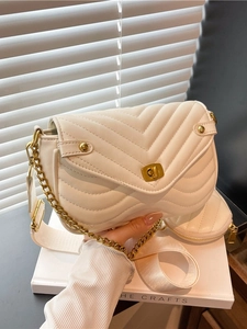 Cream white chevron quilted shoulder bag with gold chain strap and mini round coin purse