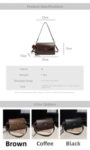 Detailed view of the square PU leather bag showing dimensions, straps, and color options