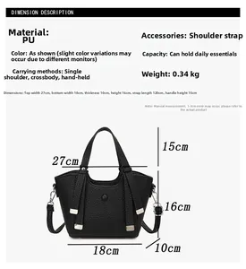 Tableau des tailles d'un sac seau en cuir PU noir avec détails métalliques argentés