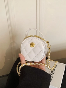Mini Sac Rond Matelassé en Cuir PU pour Femmes avec Chaîne Bandoulière Décor Fleur de Camélia Sac à Main de Mode