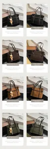 Detail view of large retro tote bags in black, coffee, brown, and green with bear charms