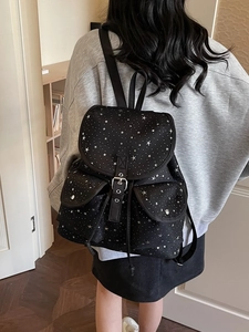 Casual Canvas Star Print Women's Backpack Preppy Style College Travel Backpack With Front Pockets Magnetic Snap School Bag
