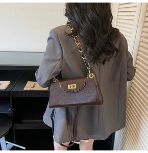 Detailed view of brown patent leather bag with gold chain strap on shoulder